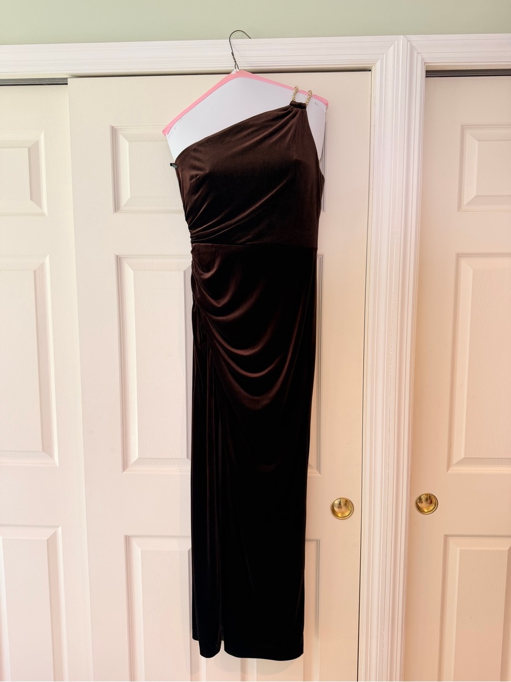 Adrianna Papell Dark Brown Velvet One-Shoulder Dress